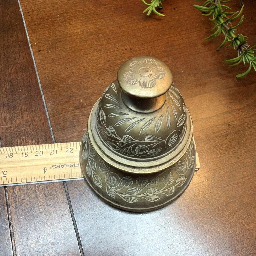 Vintage Solid Brass Elephant Claw Bell Engraved Leaf Pattern with Stand 3